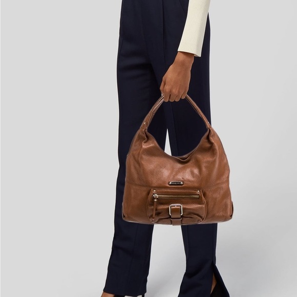 Michael Kors Pebbled Leather Hobo Bucket Shoulder Bag Brown Fulton Purse Tan - Picture 2 of 14